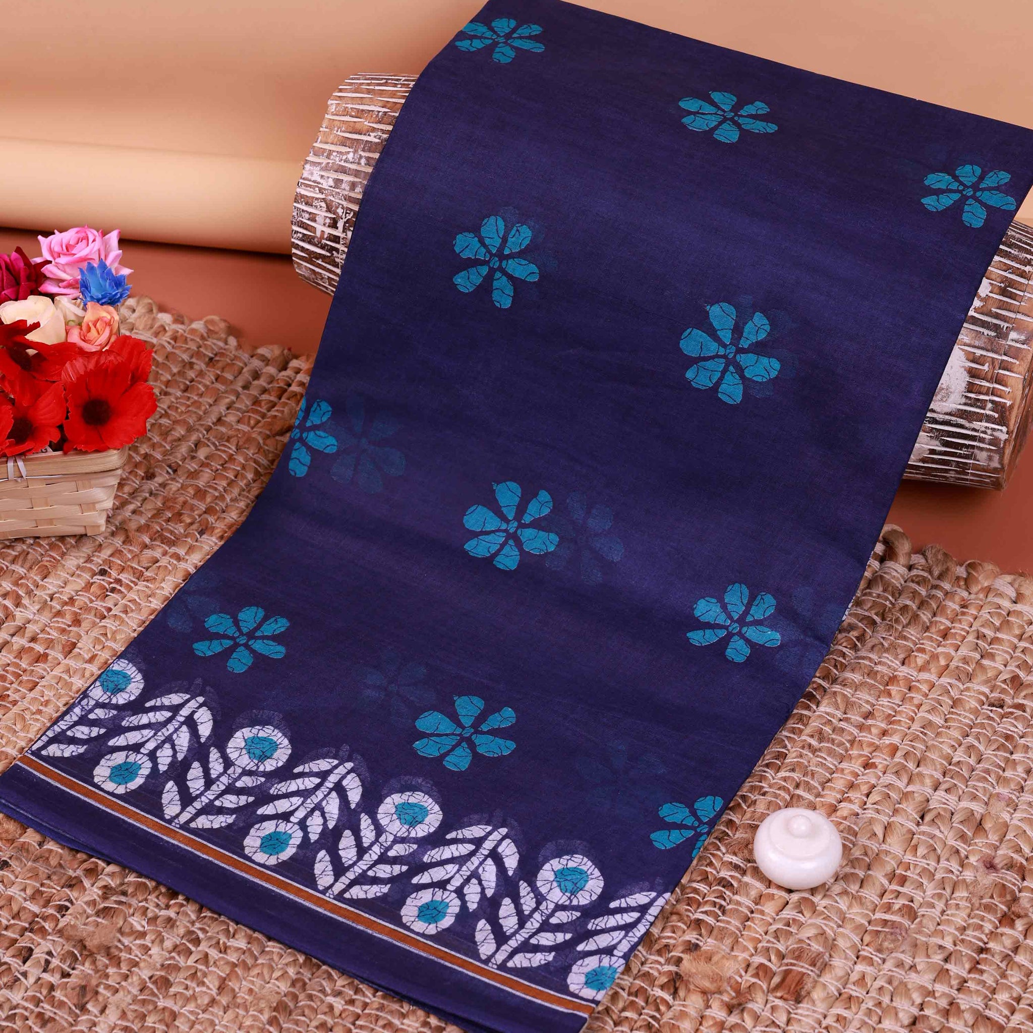 All-Over Floral Printed Voile Saree with Intricate Contrast Border – Navy Blue