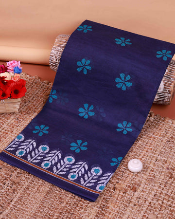 All-Over Floral Printed Voile Saree with Intricate Contrast Border – Navy Blue