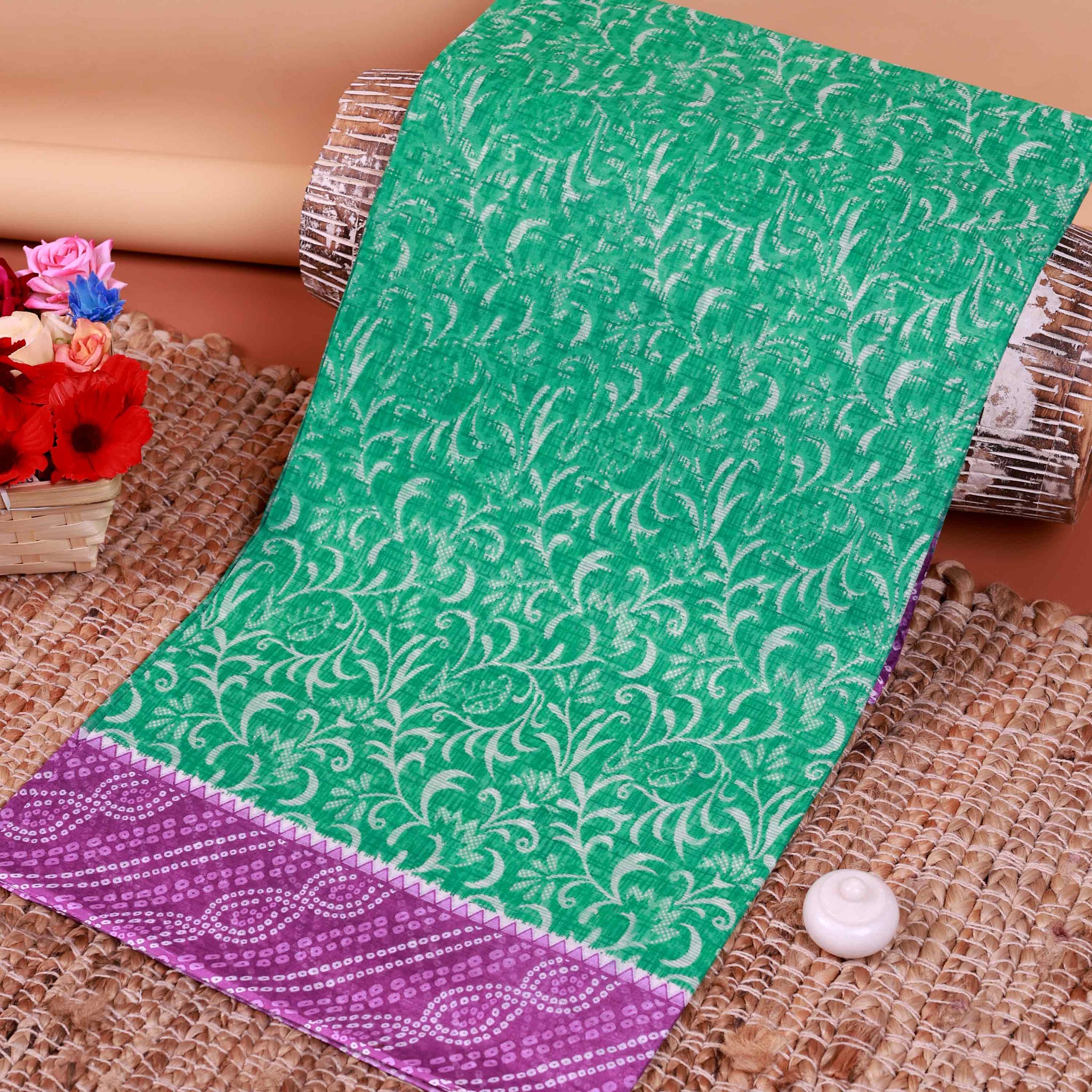 All-Over Floral Printed Voile Saree with Intricate Contrast Border – Turquoise