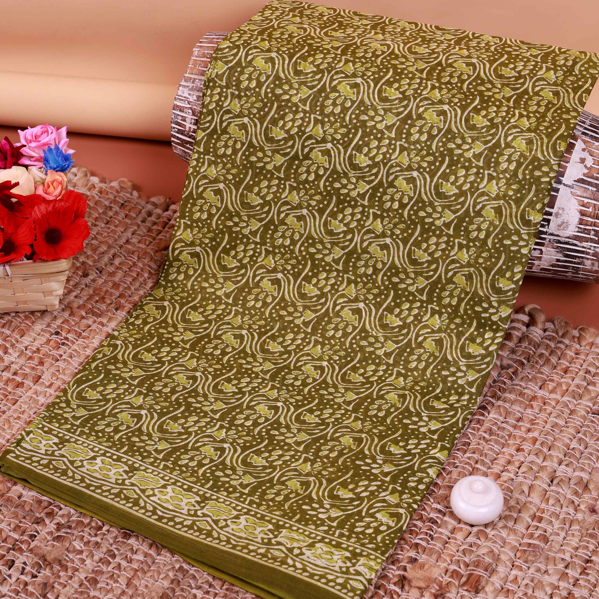 All-Over Floral Printed Voile Saree with Intricate Contrast Border – Olive Green