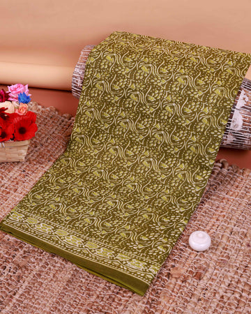 All-Over Floral Printed Voile Saree with Intricate Contrast Border – Olive Green
