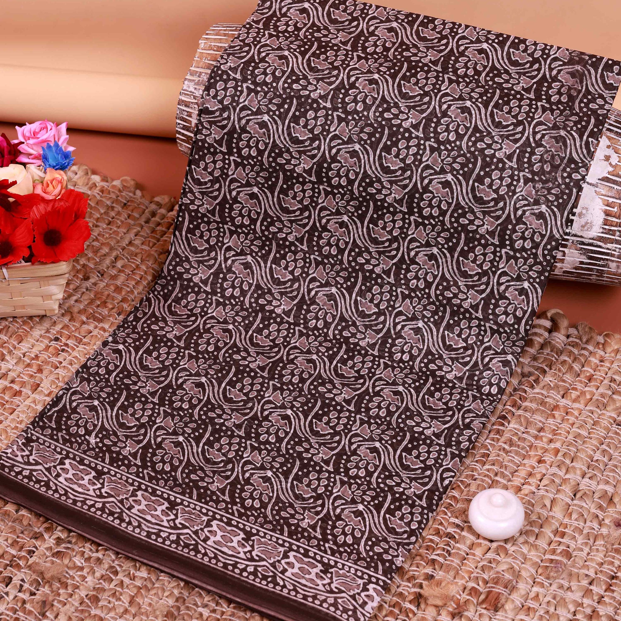All-Over Floral Printed Voile Saree with Intricate Contrast Border – Brown
