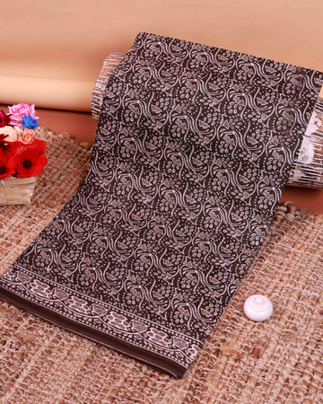 All-Over Floral Printed Voile Saree with Intricate Contrast Border – Brown