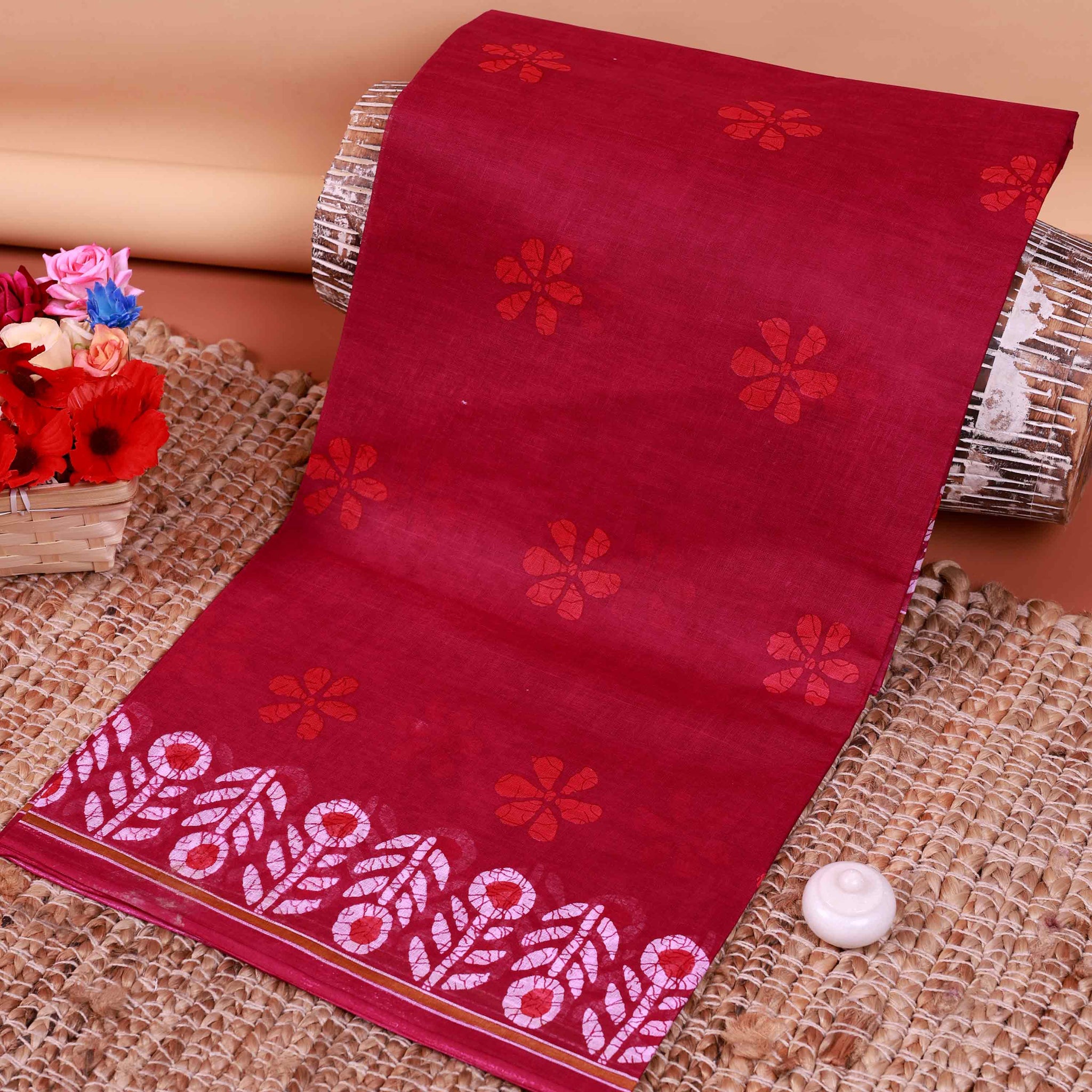 All-Over Floral Printed Voile Saree with Intricate Contrast Border – Magenta