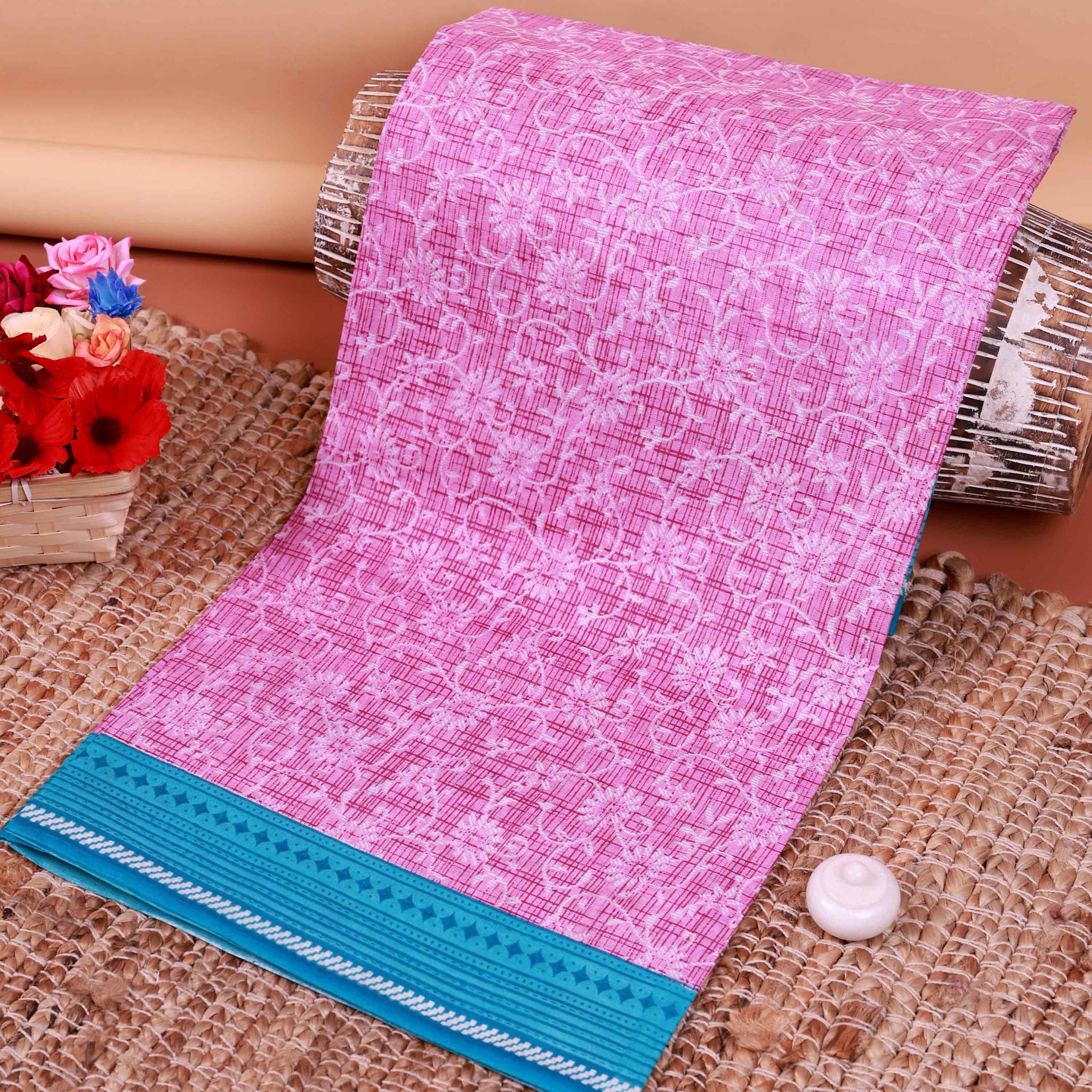 All-Over Floral Printed Voile Saree with Intricate Contrast Border – Pink