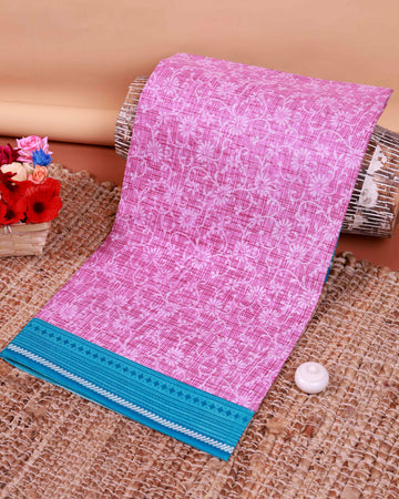 All-Over Floral Printed Voile Saree with Intricate Contrast Border – Pink