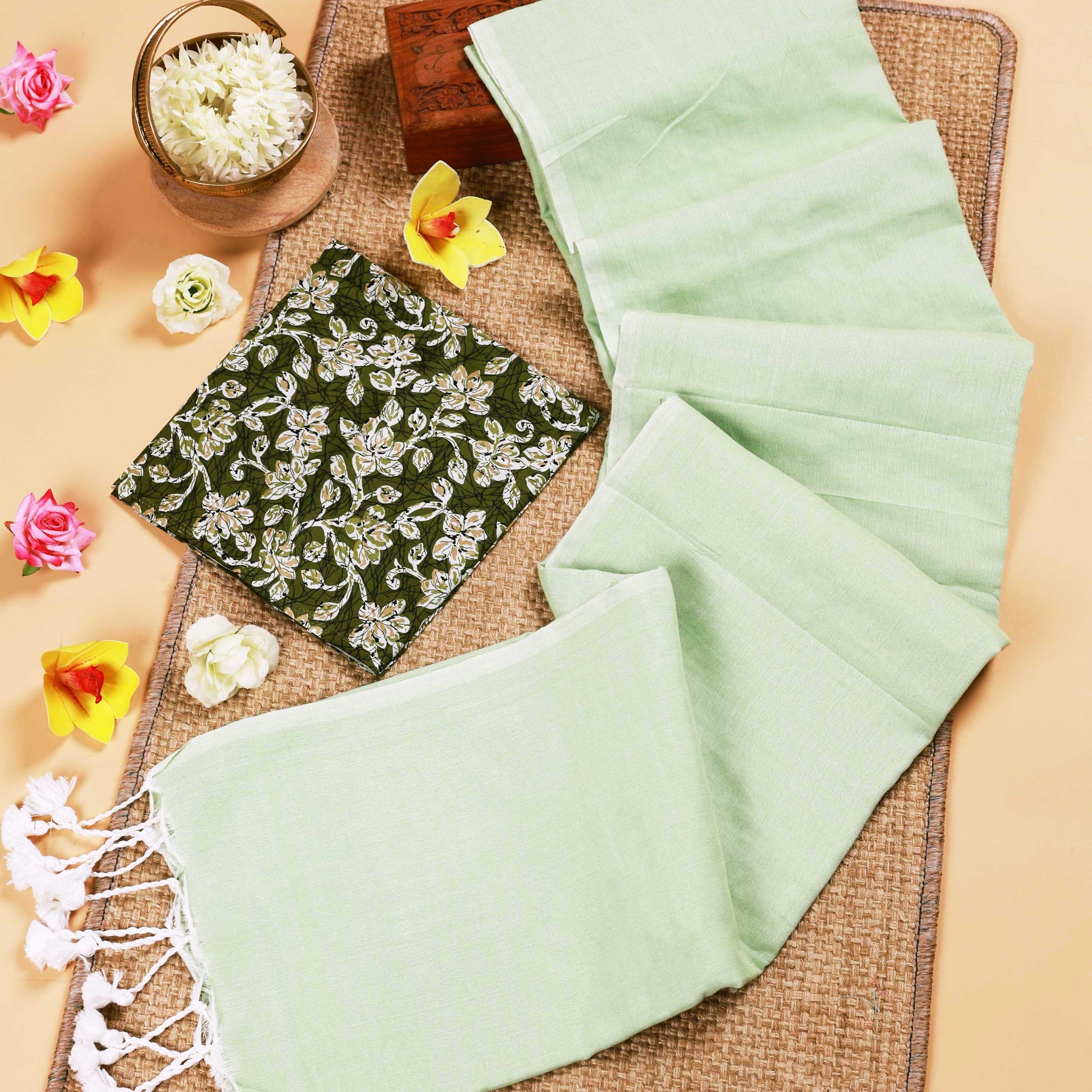 Handwoven Khadi Cotton Saree with Contrast Printed Blouse and Tassel Accents - Pista Green