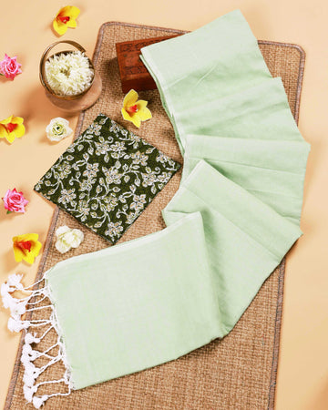 Handwoven Khadi Cotton Saree with Contrast Printed Blouse and Tassel Accents - Pista Green