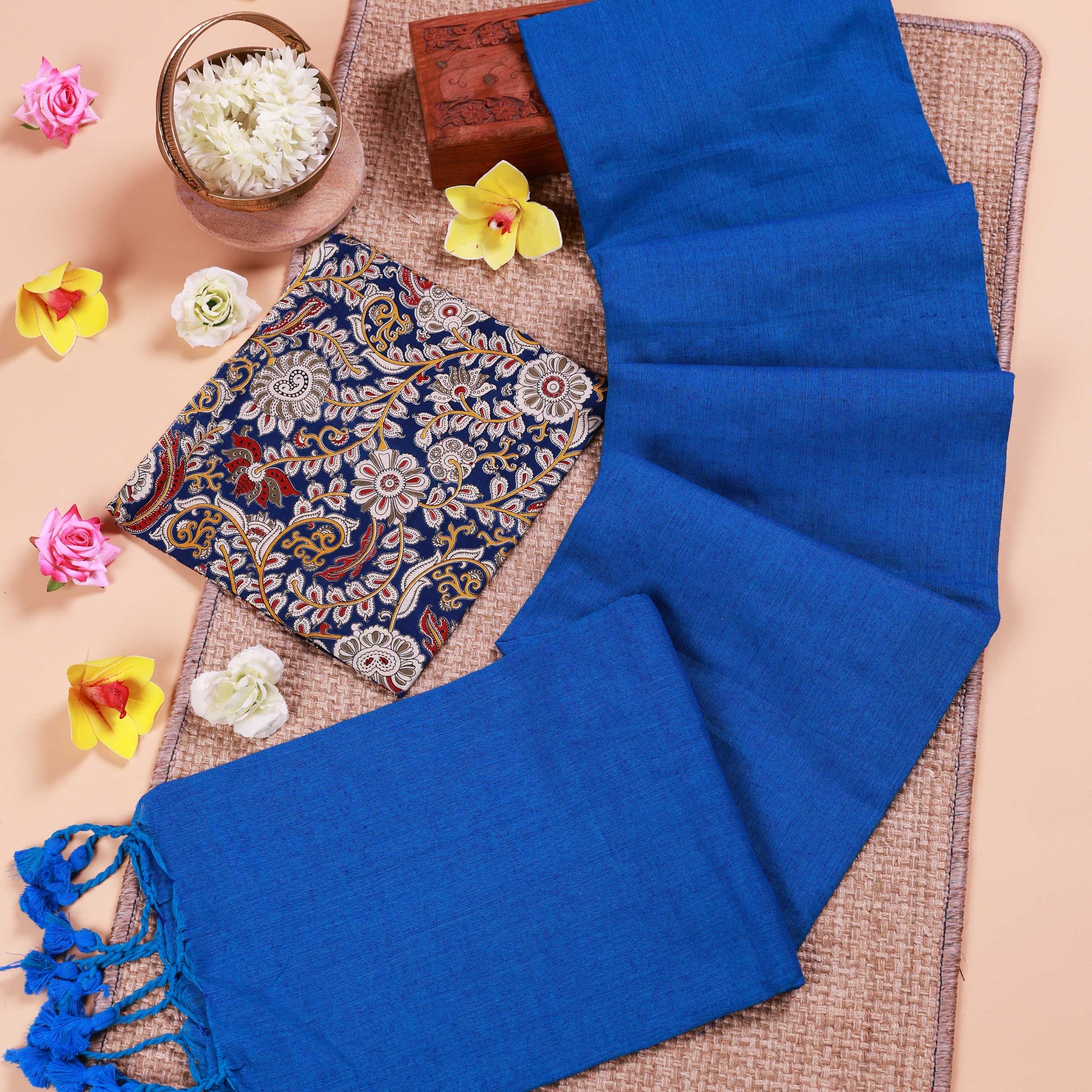Handwoven Khadi Cotton Saree with Contrast Printed Blouse and Tassel Accents - Blue