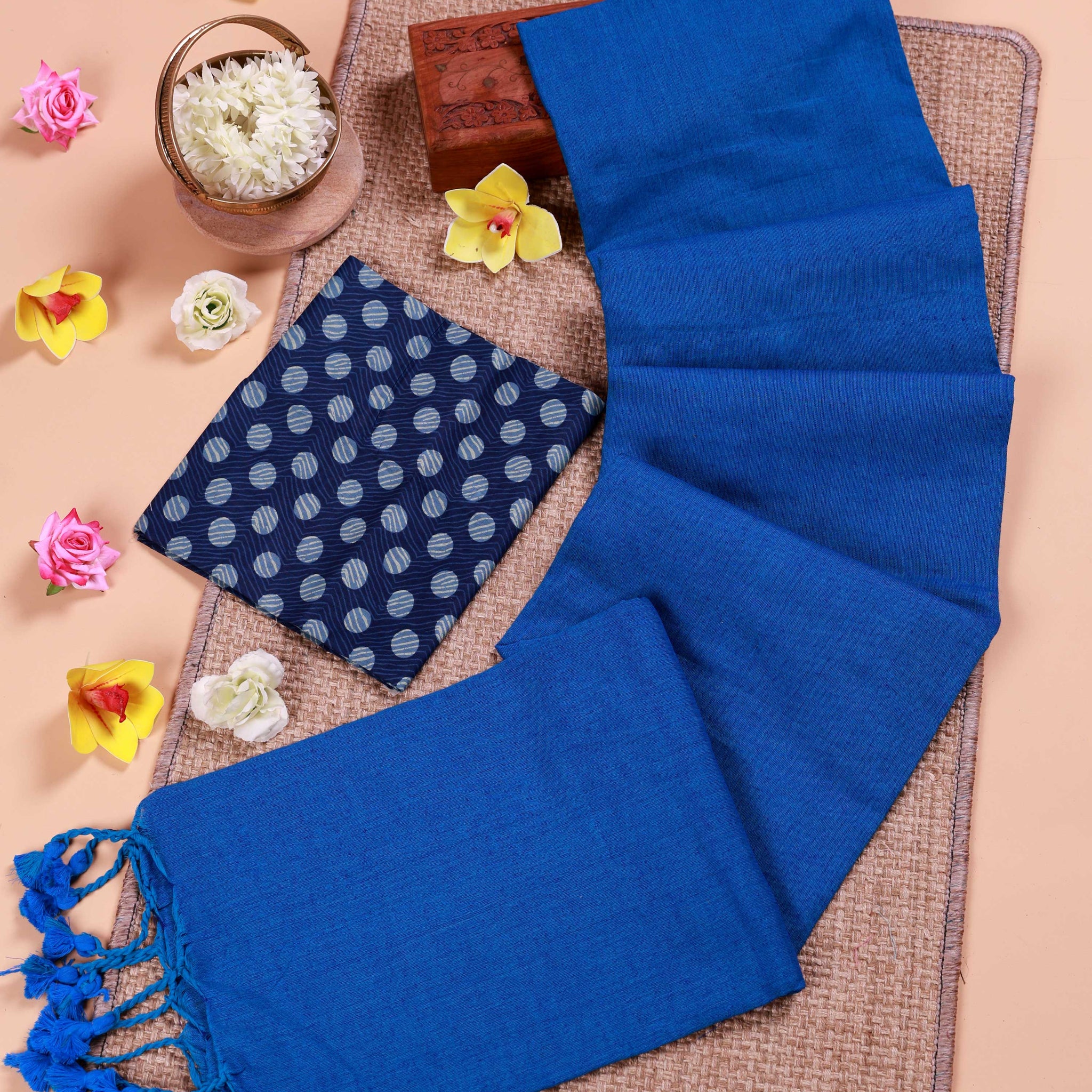 Handwoven Khadi Cotton Saree with Contrast Printed Blouse and Tassel Accents - Blue