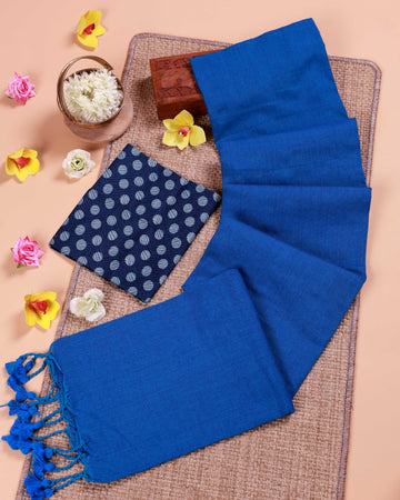 Handwoven Khadi Cotton Saree with Contrast Printed Blouse and Tassel Accents - Blue