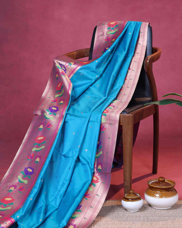 Traditional Paithani Saree with Traditional Lotus Motifs and Rich Zari Woven Border - Sky Blue