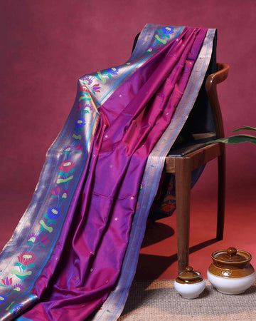 Traditional Paithani Saree with Traditional Lotus Motifs and Rich Zari Woven Border - Violet