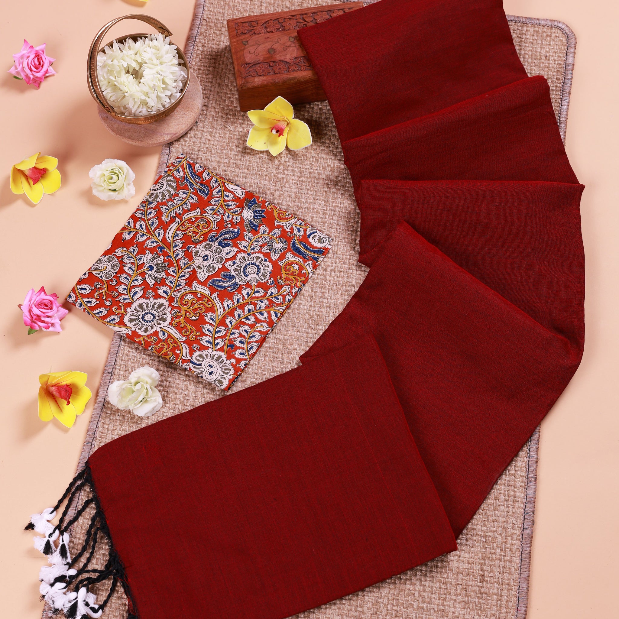 Handwoven Khadi Cotton Saree with Contrast Printed Blouse and Tassel Accents - Maroon