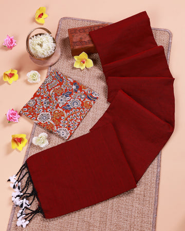 Handwoven Khadi Cotton Saree with Contrast Printed Blouse and Tassel Accents - Maroon
