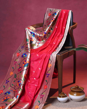 Traditional Paithani Semi Silk Saree with Vibrant Floral Pallu and Traditional Zari Border - Pink
