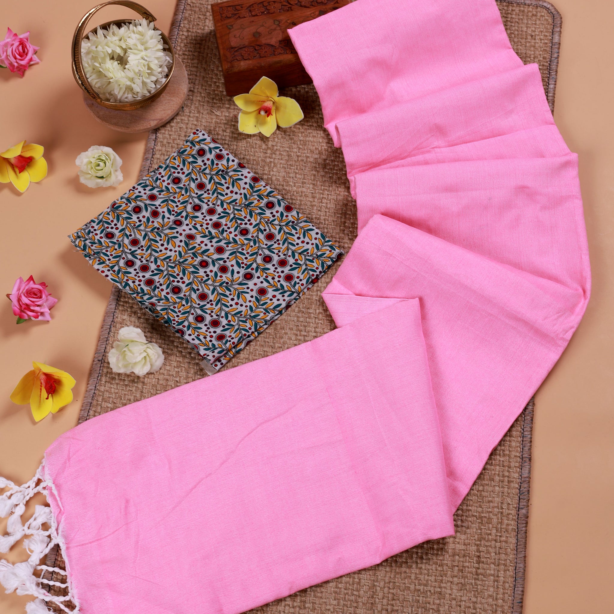 Handwoven Khadi Cotton Saree with Contrast Printed Blouse and Tassel Accents - Pink