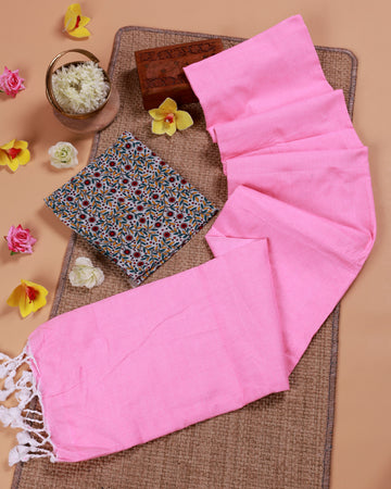 Handwoven Khadi Cotton Saree with Contrast Printed Blouse and Tassel Accents - Pink