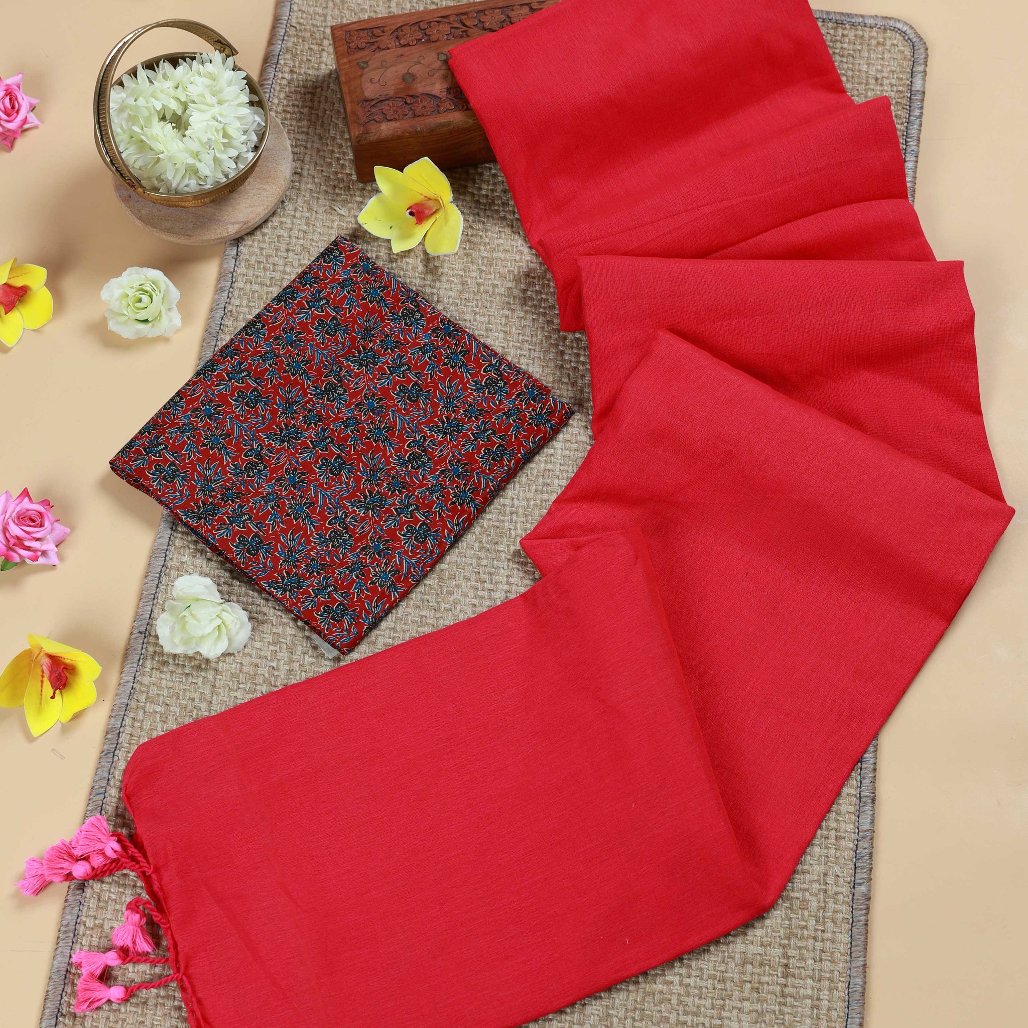 Handwoven Khadi Cotton Saree with Contrast Printed Blouse and Tassel Accents - Red