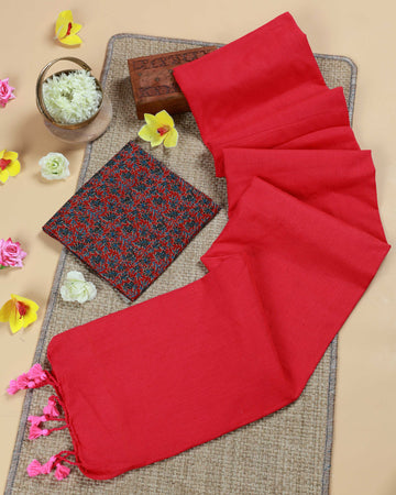 Handwoven Khadi Cotton Saree with Contrast Printed Blouse and Tassel Accents - Red