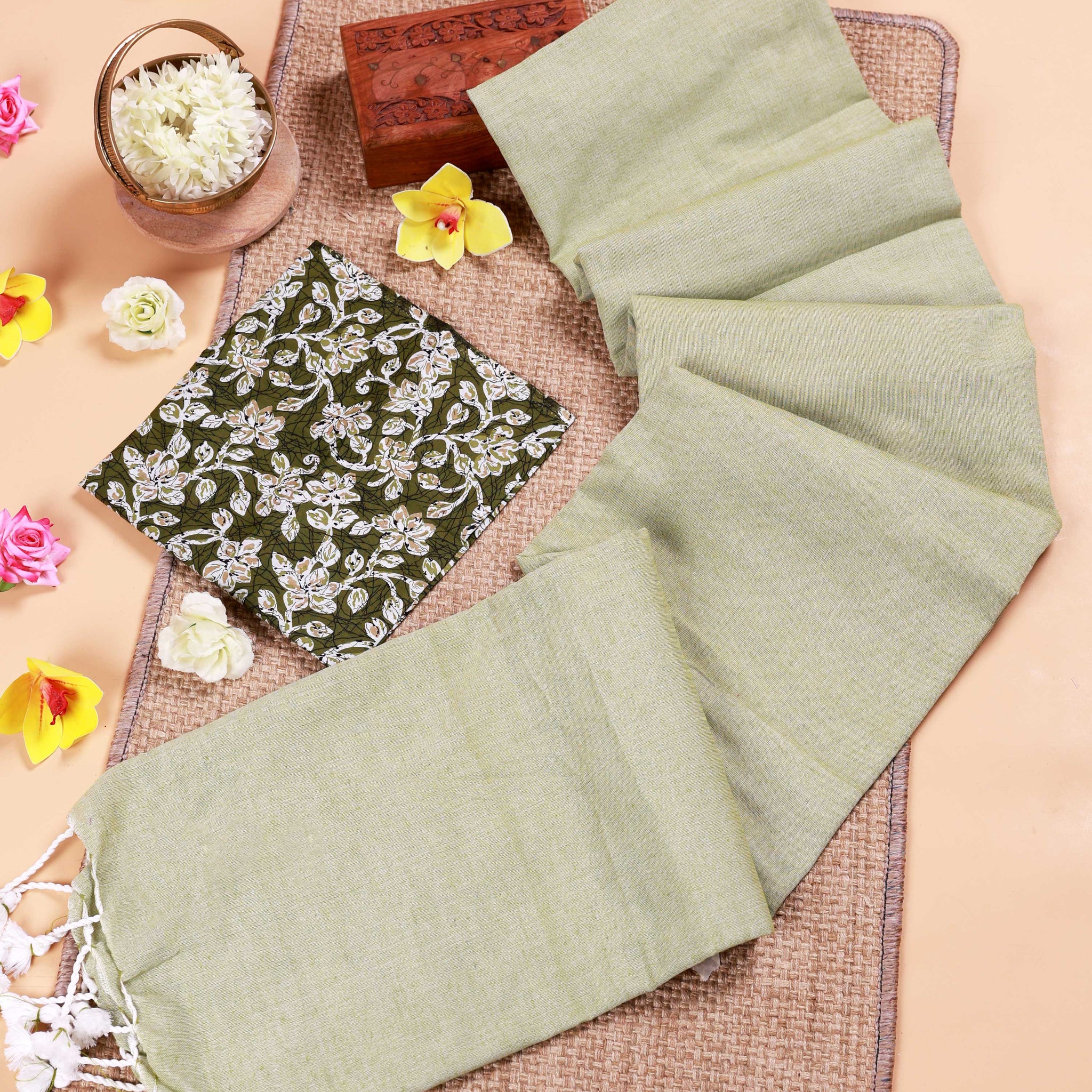 Handwoven Khadi Cotton Saree with Contrast Printed Blouse and Tassel Accents - Light Green