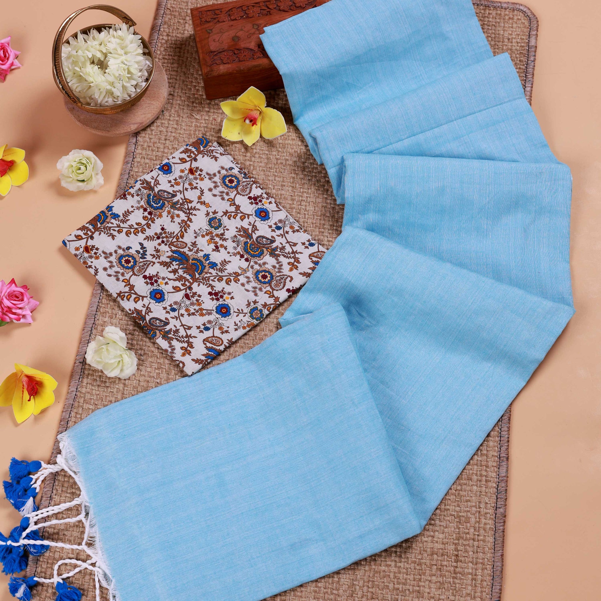 Handwoven Khadi Cotton Saree with Contrast Printed Blouse and Tassel Accents - Light Blue