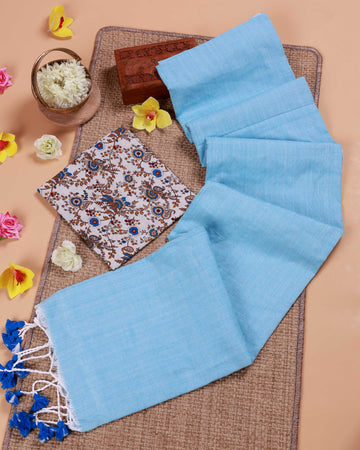 Handwoven Khadi Cotton Saree with Contrast Printed Blouse and Tassel Accents - Light Blue
