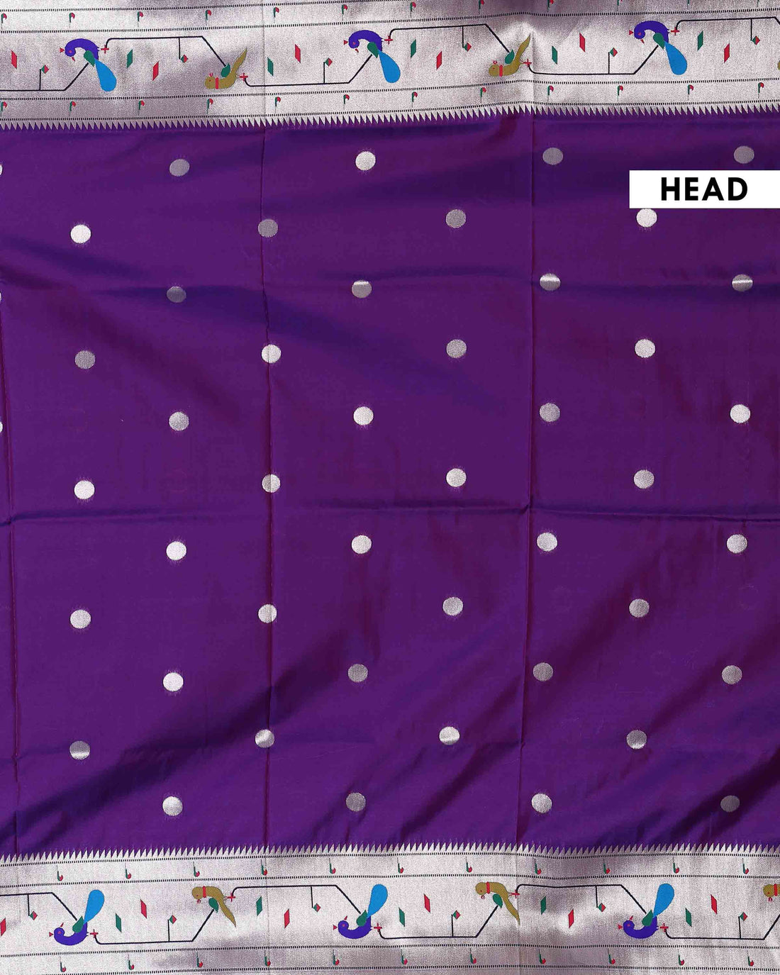 Elegant Paithani Semi Silk Saree with Peacock Motif Zari Border and Classic Polka Butti - Purple