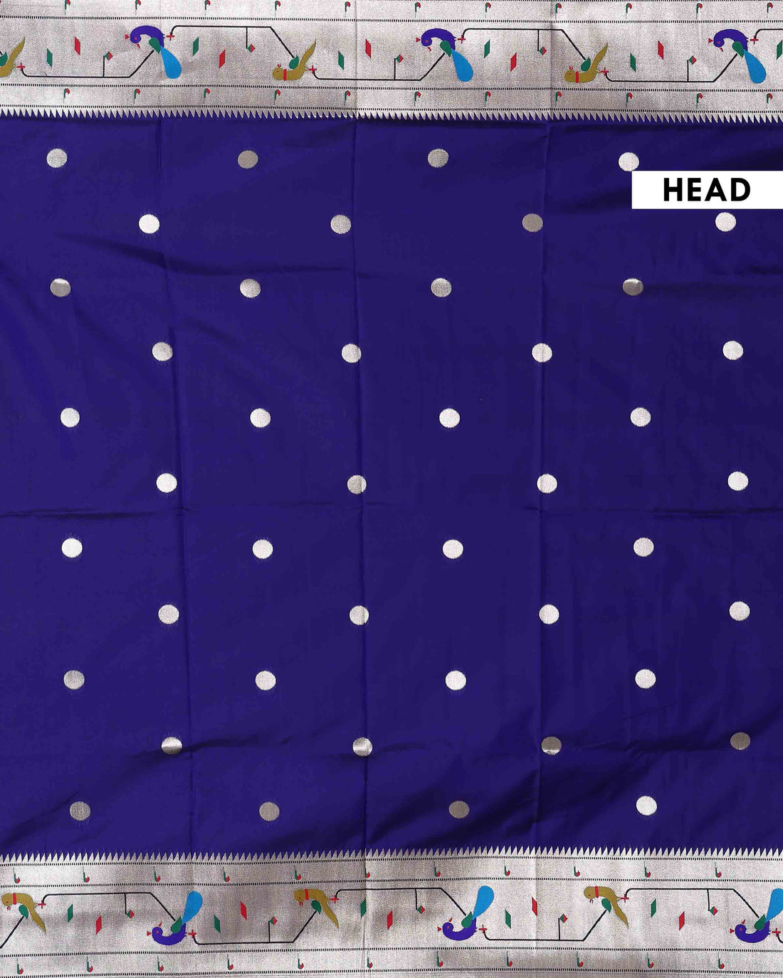 Elegant Paithani Semi Silk Saree with Peacock Motif Zari Border and Classic Polka Butti - Navy
