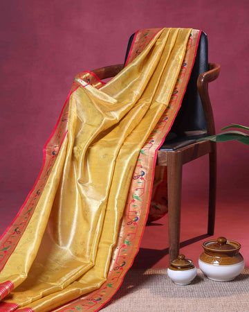 Elegant Paithani Tissue Saree with Traditional Peacock Motif Border and Rich Zari Weave - Yellow