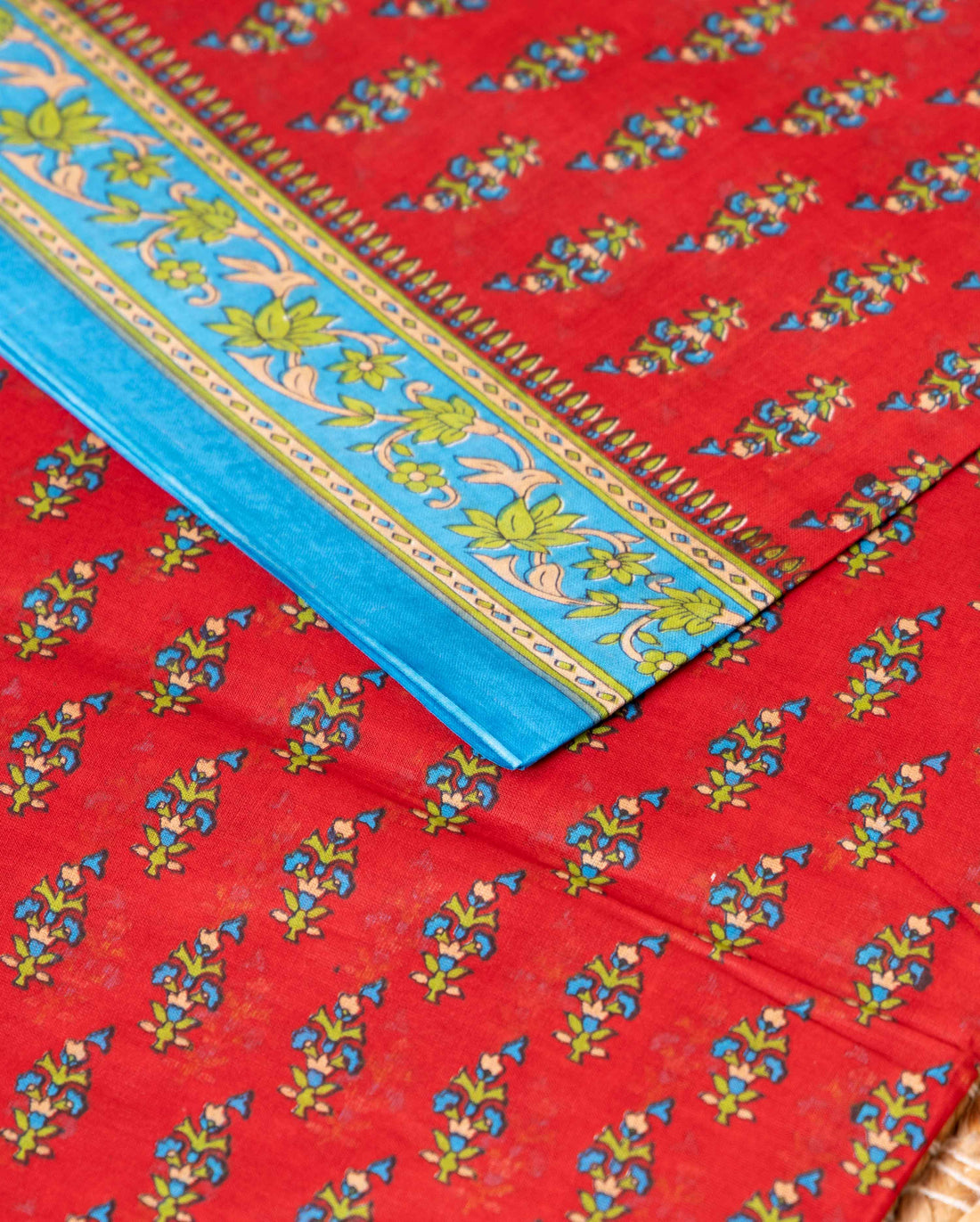 Traditional Voile Cotton Saree with Traditional Floral Print and Contrasting Border - Red