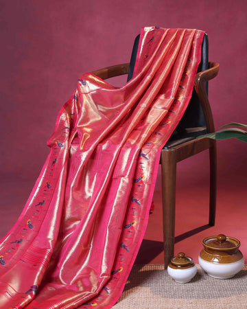 Elegant Paithani Tissue Saree with Traditional Peacock Motif Border and Rich Zari Weave - Pink
