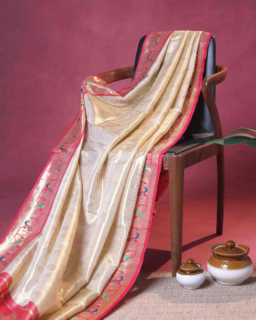 Elegant Paithani Tissue Saree with Traditional Peacock Motif Border and Rich Zari Weave - Off White