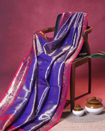 Elegant Paithani Tissue Saree with Traditional Peacock Motif Border and Rich Zari Weave - Purple