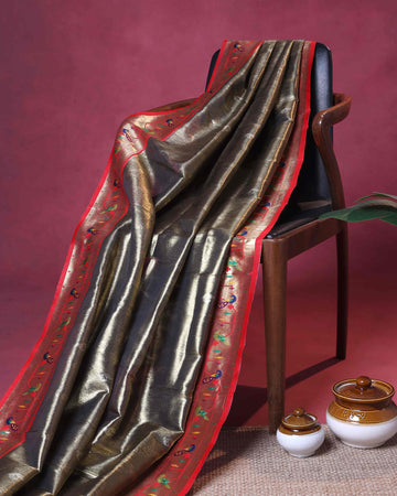 Elegant Paithani Tissue Saree with Traditional Peacock Motif Border and Rich Zari Weave - Gold