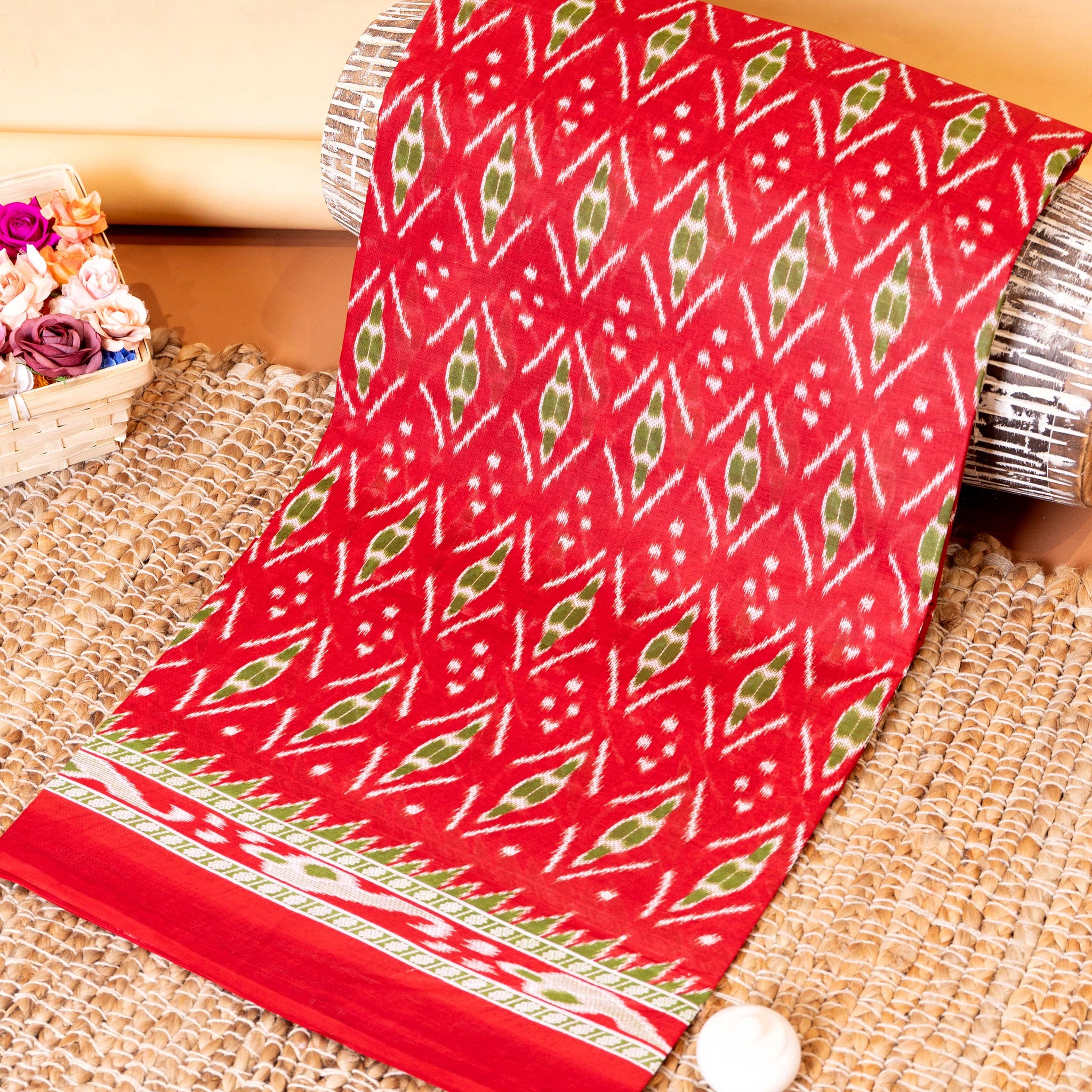 Traditional Voile Cotton Saree with All Over Ikkat Motifs and Zari Woven Border - Red