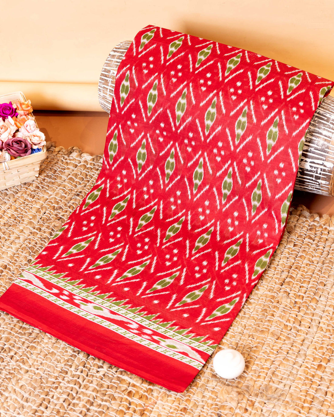 Traditional Voile Cotton Saree with All Over Ikkat Motifs and Zari Woven Border - Red