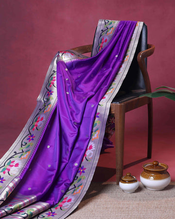 Elegant Paithani Silk Saree with Intricate Floral Motif Border and Delicate Butti Weave - Purple