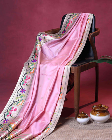 Elegant Paithani Silk Saree with Intricate Floral Motif Border and Delicate Butti Weave - Baby Pink