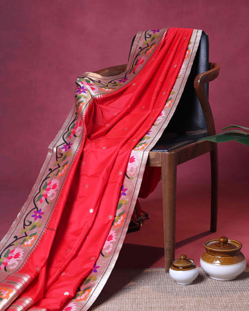 Elegant Paithani Silk Saree with Intricate Floral Motif Border and Delicate Butti Weave - Red