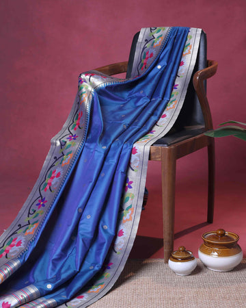 Elegant Paithani Silk Saree with Intricate Floral Motif Border and Delicate Butti Weave - Blue