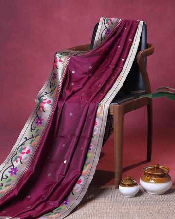 Elegant Paithani Silk Saree with Intricate Floral Motif Border and Delicate Butti Weave - Maroon