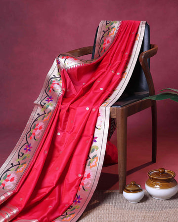 Elegant Paithani Silk Saree with Intricate Floral Motif Border and Delicate Butti Weave - Pink