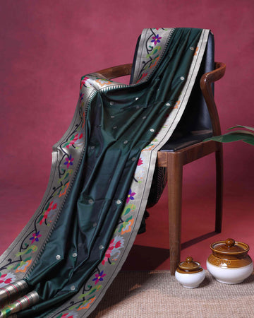 Elegant Paithani Silk Saree with Intricate Floral Motif Border and Delicate Butti Weave - Bottle Green
