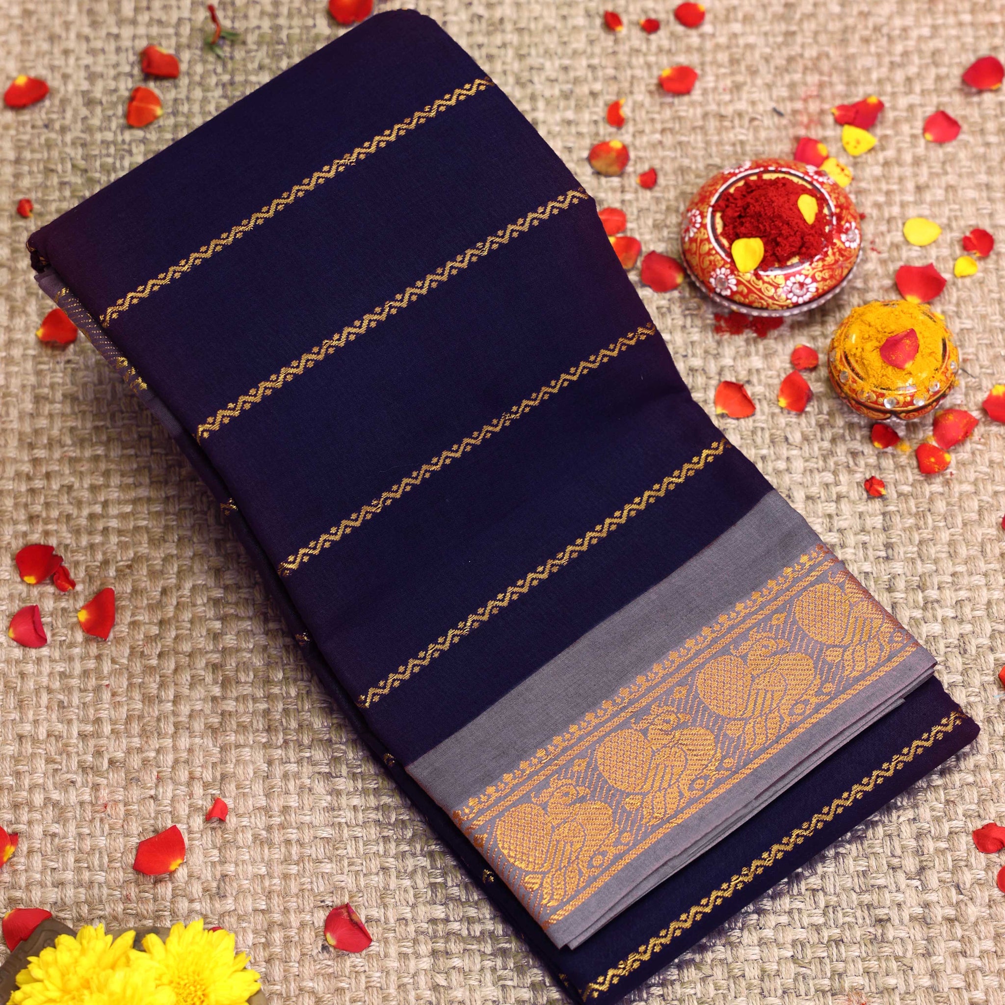 Traditional Sungudi Cotton Saree with Striped Body and Rich Zari Border - Navy Blue