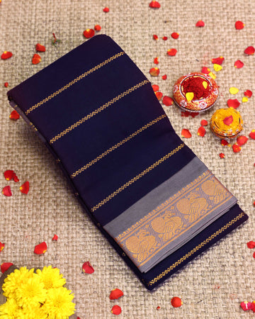 Traditional Sungudi Cotton Saree with Striped Body and Rich Zari Border - Navy Blue