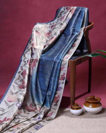 Elegant Linen Tissue Saree with Soft Floral Print Accents With A Subtle Sheen Texture and Graceful Contrast Borders  - Blue