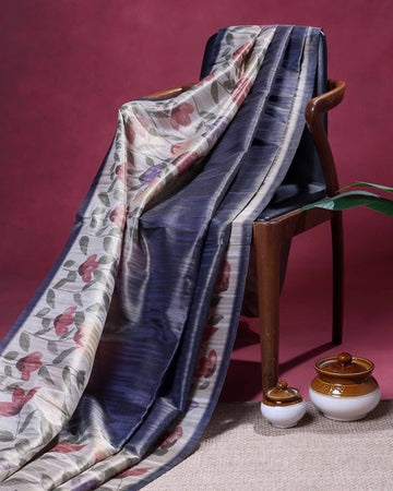 Elegant Linen Tissue Saree with Soft Floral Print Accents With A Subtle Sheen Texture and Graceful Contrast Borders  - Navy