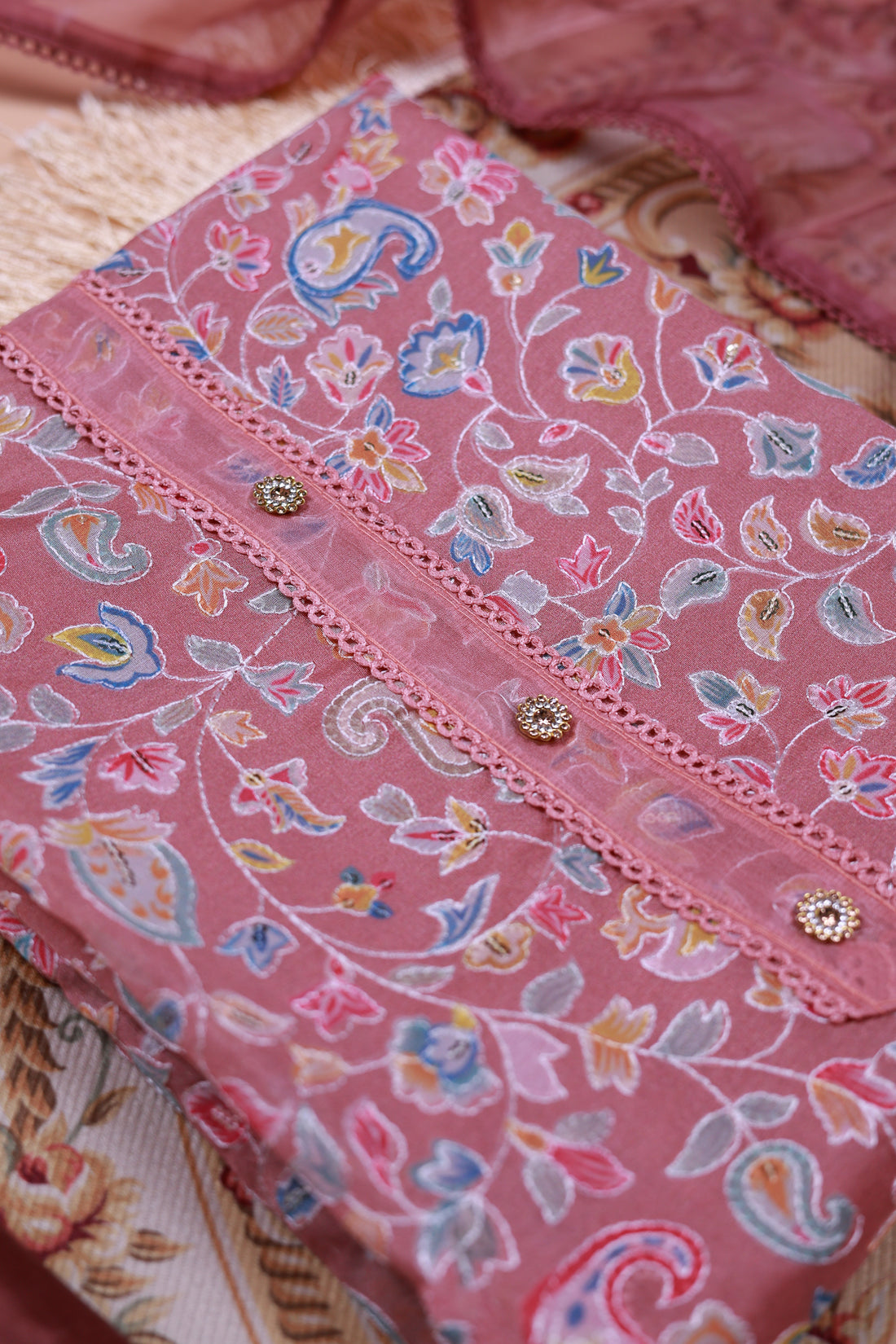 Women's Floral Embroidered Salwar Suit Material with Beaded Neckline and Net Dupatta - Onion Pink