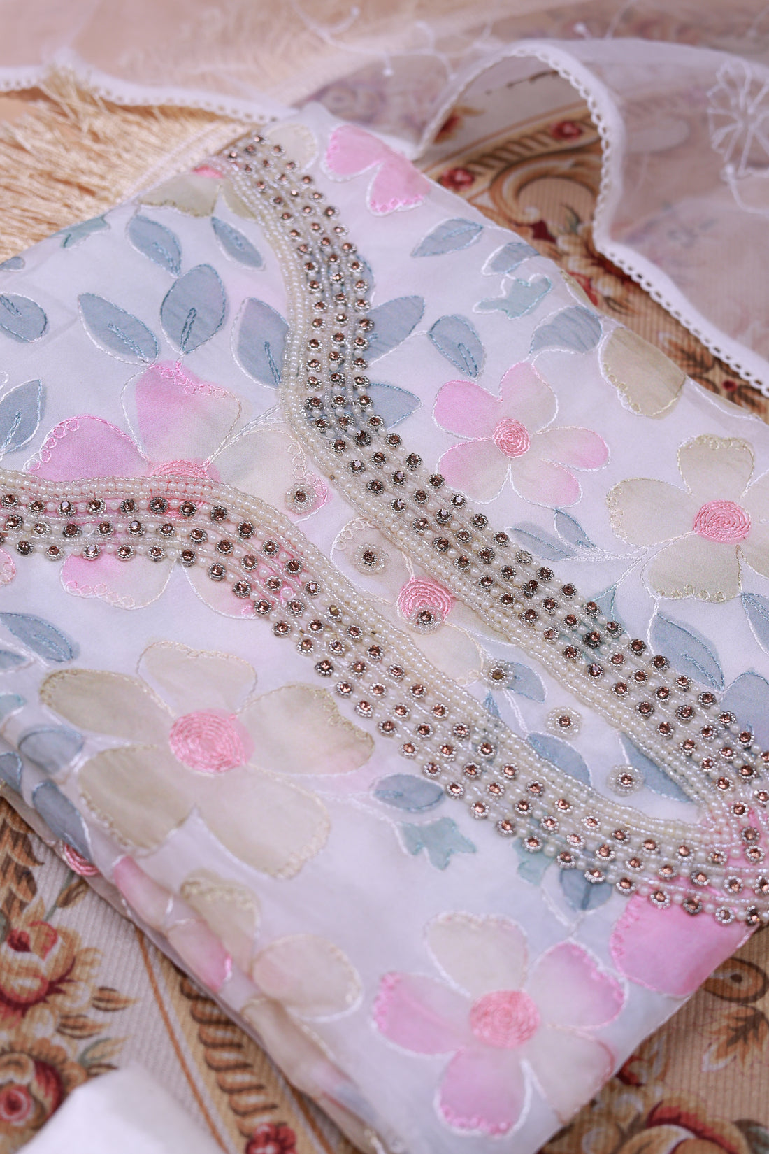 Women's Floral Embroidered Salwar Suit Material with Beaded Neckline and Net Dupatta - White